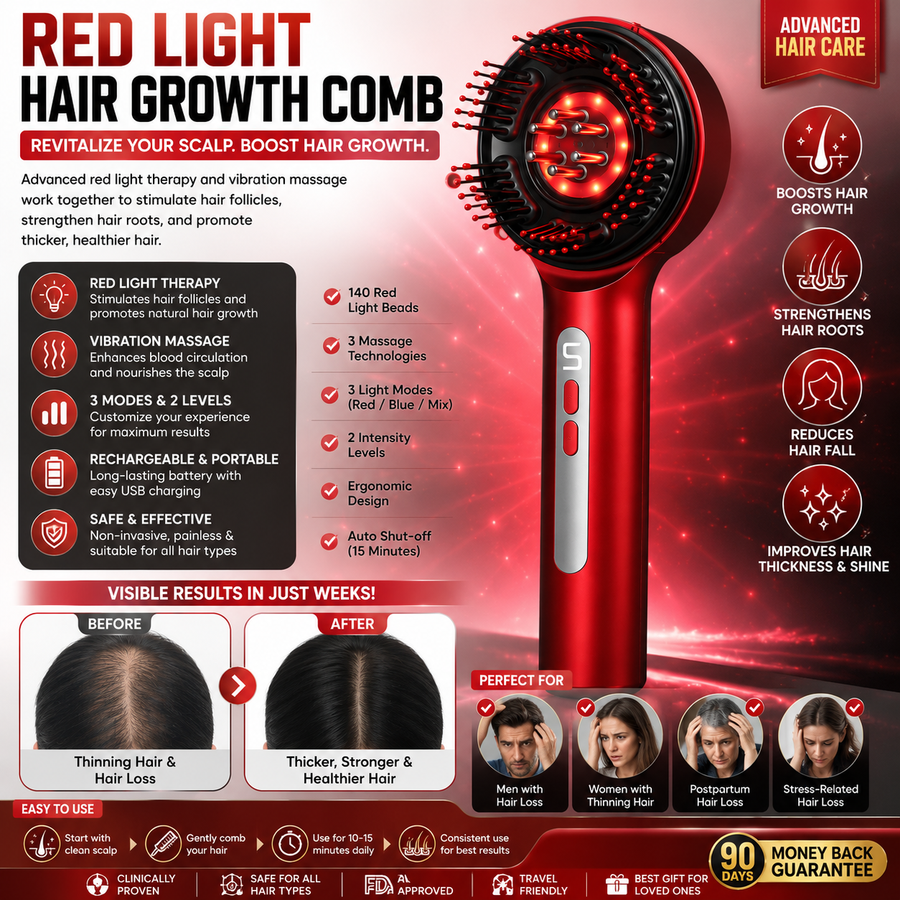 Advanced Red Light Hair Growth Combβ’ | LED Scalp Massager for Thicker, Stronger & Healthier Hair | Rechargeable Hair Regrowth Brush