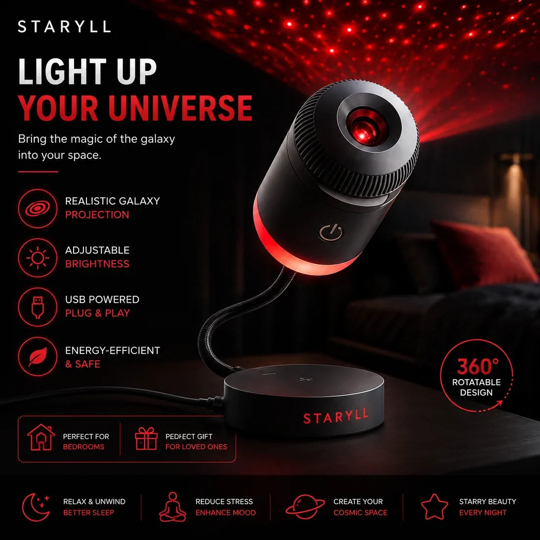Galaxy Projector Star Light – 360° Starry Night LED Lamp for Bedroom & Gaming Room