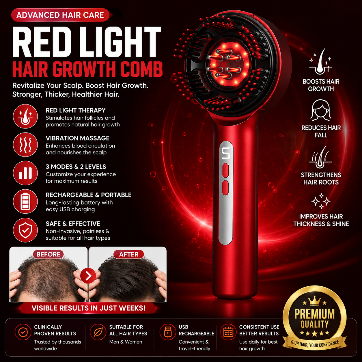 Advanced Red Light Hair Growth Comb™ | LED Scalp Massager for Thicker, Stronger & Healthier Hair | Rechargeable Hair Regrowth Brush